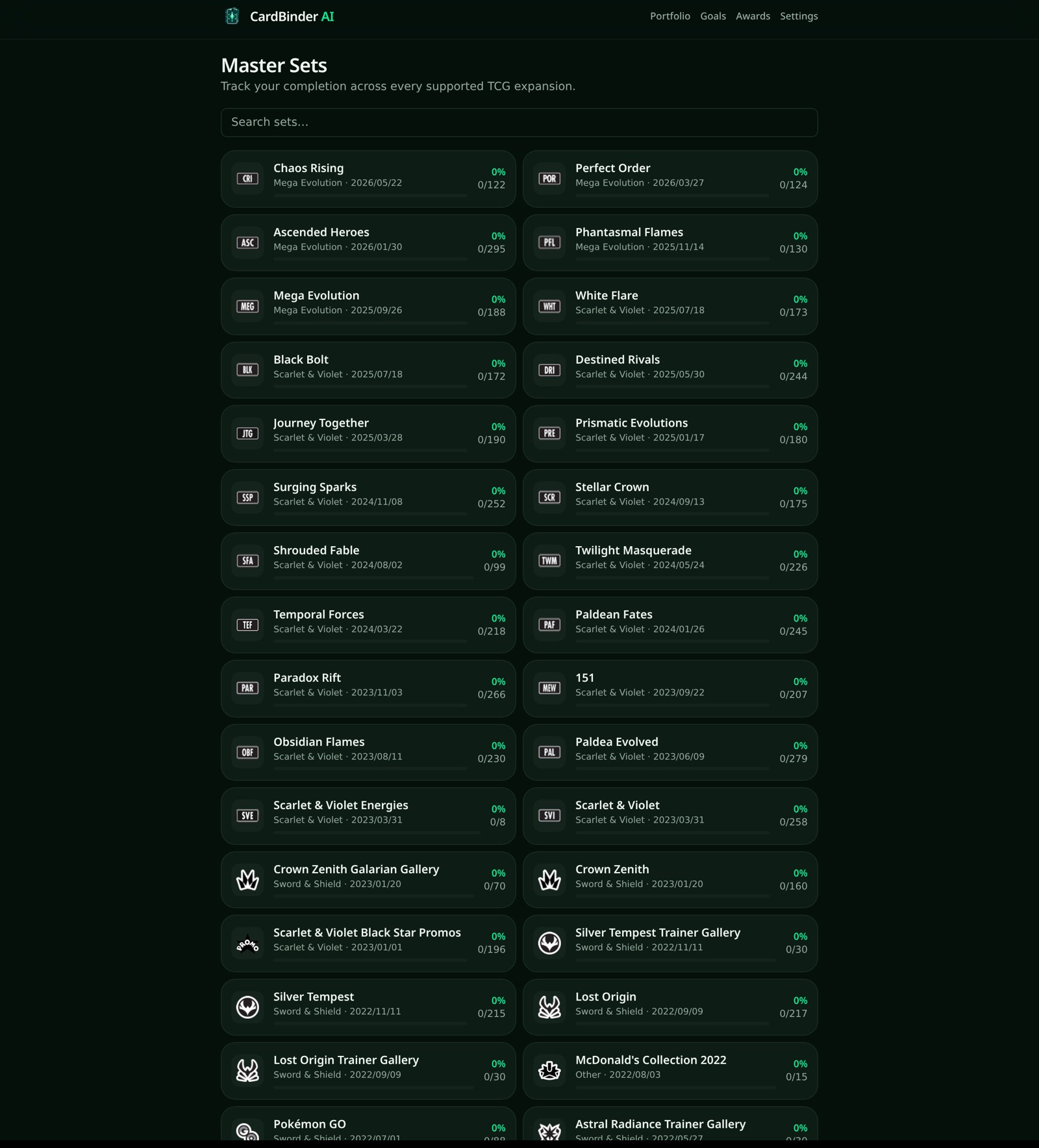 Master sets list showing Chaos Rising, Mega Evolution, Black Bolt, Journey Together, Surging Sparks and more