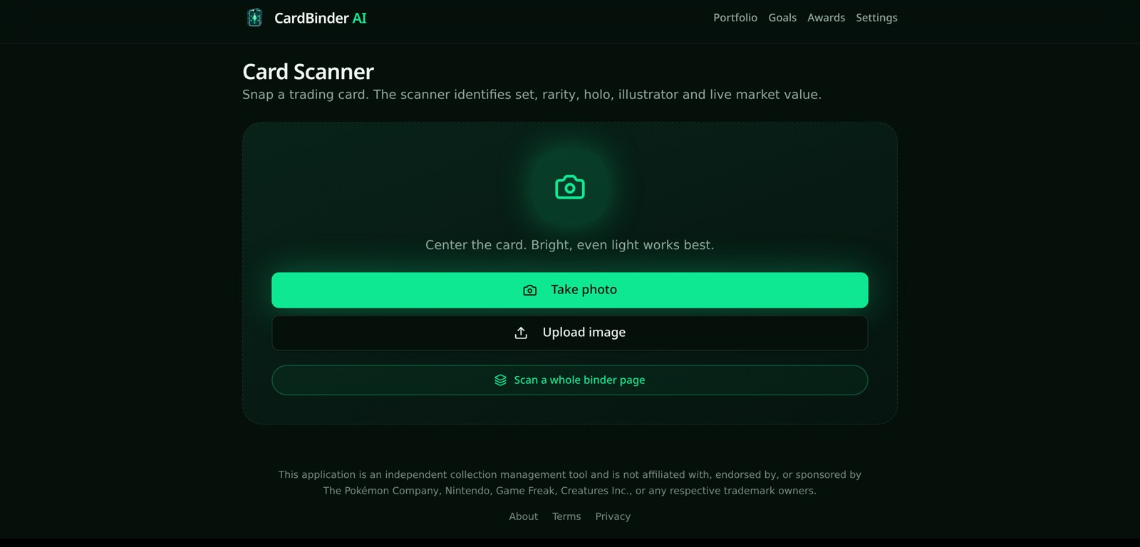 The CardBinder AI camera scanner screen