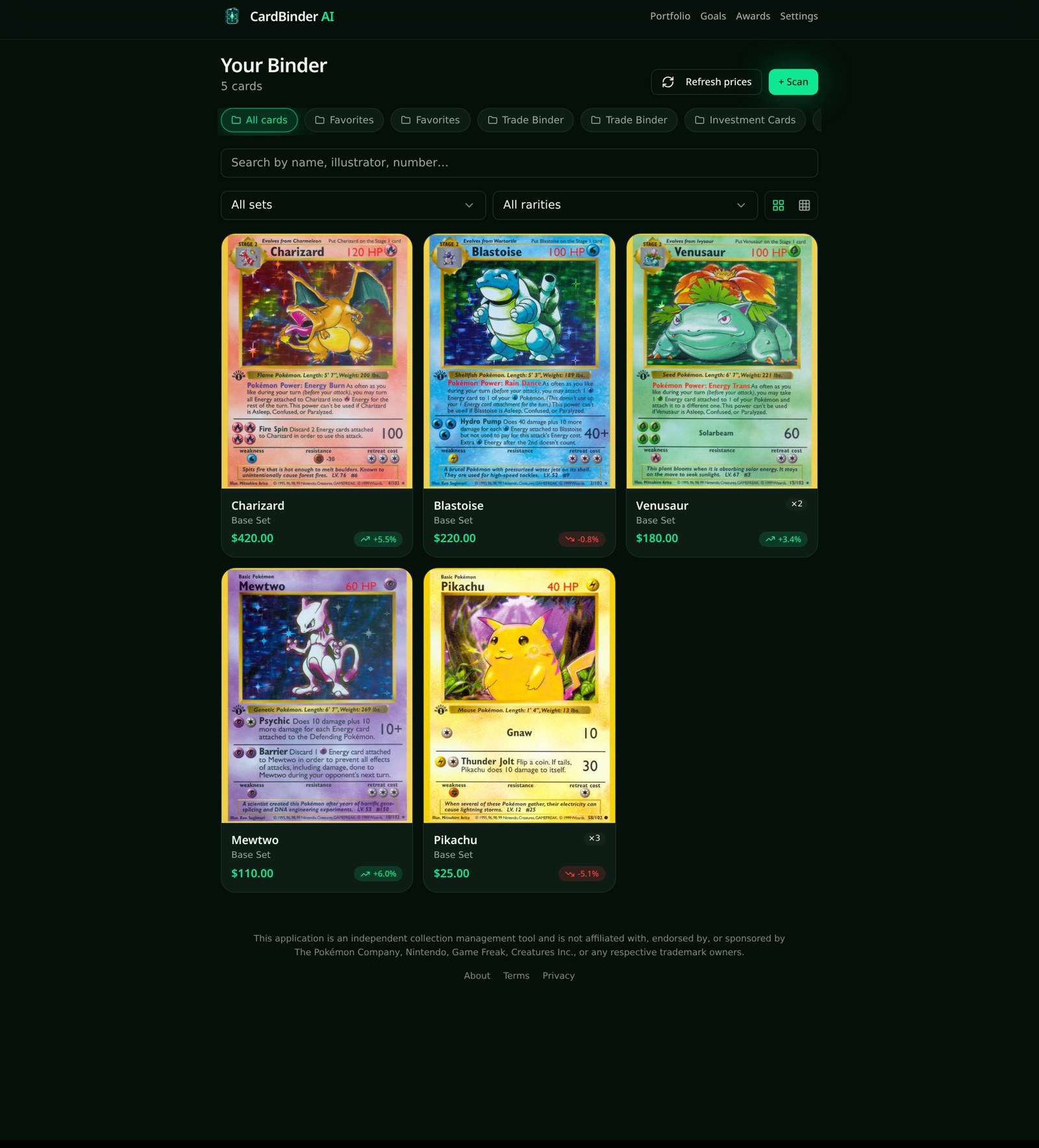 A binder of real Pokémon Base Set cards with prices and trend deltas
